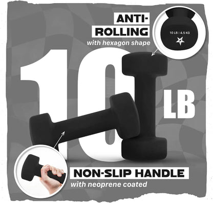 Neoprene Coated Dumbbell for Women, Black, 10 Lb Pair